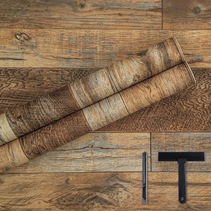 Decoroom Wood Wallpaper with Tools, 17.7''×118'' Peel and Stick Wallpaper Rustic Wood Grain Contact Paper, Removable Self Adhesive Vinyl Film Roll for Table Cabinets Shelf Liner