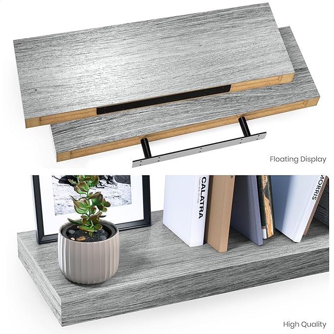 Ballucci Floating Shelves for Wall, 24" Wood Wall Shelf Set of 2, with Invisible Brackets for Bathroom, Living Room, Bedroom, Kitchen, Nursery, 8" Deep, Rustic Gray