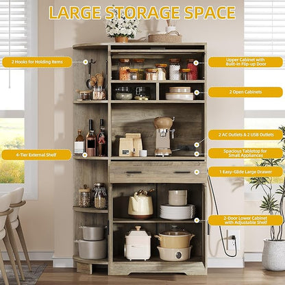 DWVO Farmhouse Kitchen Pantry Cabinet, 67" Bakers Rack w/Storage Cabinet, Coffee Bar w/Charging Station, Buffet Sideboard, Microwave Stand, Hutch Cupboard for Dining Room Kitchen Living Room(Ash Gray)