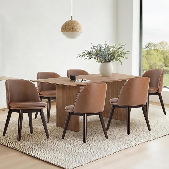 KISLOT Wooden Dining Chairs Set of 2, Faux Leather Upholstered Modern Dining Room Chairs with Double-Layer Thick Seat Cushion & Ergonomic Backrest for Restaurant, Kitchen and Café, Brown