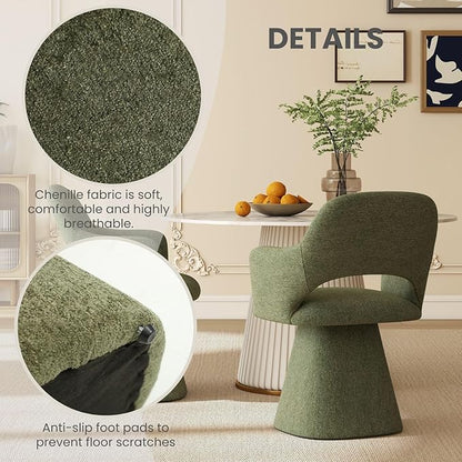 Green Modern Swivel Dining Chair, Upholstered Chenille Dining Room Chairs with Curved High Back, Comfy Side Armchair for Kitchen Reception Bedroom