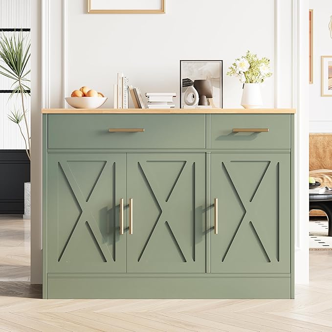 Vongrasig 43” Sideboard Buffet Cabinet with Storage, Farmhouse Coffee Bar with Drawers and Shelves, Wood Buffet Table for Kitchen, Dining Room, Green