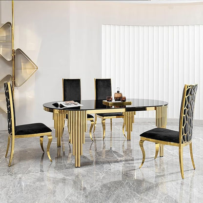 70" Oval Glass Dining Table for 6,Luxury Elegant Kitchen Table with Black Tempered Glass Table Top and Golden Stainless Steel Base,Modern Gold Dining Room Table