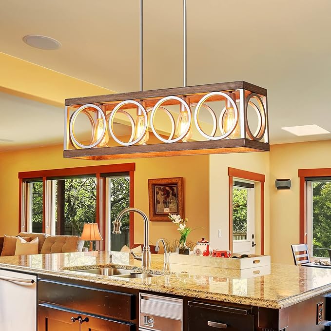 XINGQI 31.5" Farmhouse Dining Room Chandeliers, Large Rectangle Vintage Hanging 4-Light Kitchen Island Lighting,Fixture Rustic Metal Pendant Light, Antique Wood Grain
