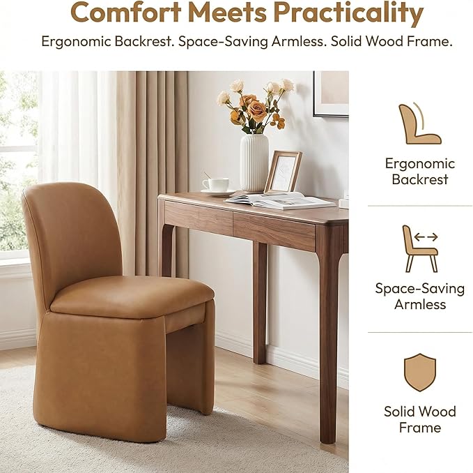 Hyfirm Modern Upholstered Dining Chairs Set of 2, Faux Leather Accent Side Dining Chairs Armless Kitchen Chairs with Curved Back Parsons Chairs for Kitchen Dining Room Living Room, Brown