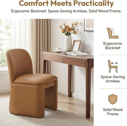 Hyfirm Modern Upholstered Dining Chairs Set of 2, Faux Leather Accent Side Dining Chairs Armless Kitchen Chairs with Curved Back Parsons Chairs for Kitchen Dining Room Living Room, Brown