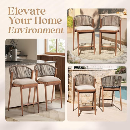 IDZO 400lbs Capacity Counter Stools Set of 2, 24 Inches Counter Height Bar Stools with Cushions, Durable Rope Design, Ergonomic Backrest for Indoor and Outdoor Comfort, Easy Assembly for Any Space