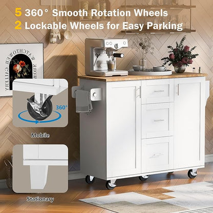 RUNNA Rolling Kitchen Island with Storage, White09, 3 Drawer, 2 Slide-Out Shelf, Internal Storage Rack, Kitchen Cart on Wheels with Spice Rack & Tower Rack