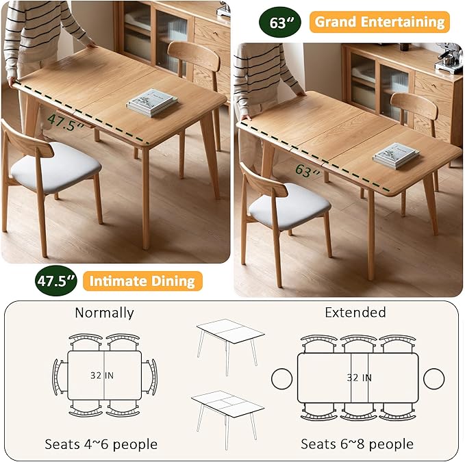 Solid Oak Extendable Dining Table for 4-6 People, 47.2 to 63 Inch, Seamless Expansion, Round Corner Design with Diagonal Legs, Farmhouse Kitchen Table for Small Spaces (Oak)