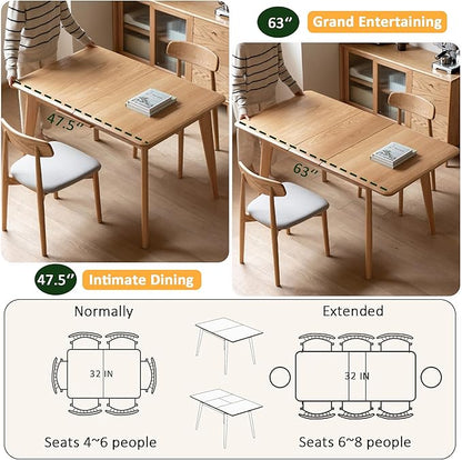 Solid Oak Extendable Dining Table for 4-6 People, 47.2 to 63 Inch, Seamless Expansion, Round Corner Design with Diagonal Legs, Farmhouse Kitchen Table for Small Spaces (Oak)