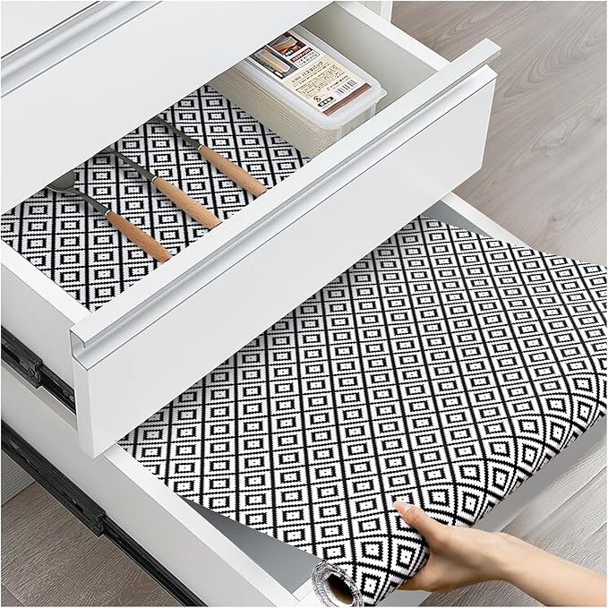 Drawer and Shelf Liner, Non-Slip Kitchen Cabinet Liners Non-Adhesive Thick Strong Grip Waterproof Washable Mats Protect Dresser Shelves Cupboard Bathroom Cabinets, Black & White, 12 in X 30 FT