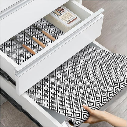 Drawer and Shelf Liner, Non-Slip Kitchen Cabinet Liners Non-Adhesive Thick Strong Grip Waterproof Washable Mats Protect Dresser Shelves Cupboard Bathroom Cabinets, Black & White, 24 in X 20 FT