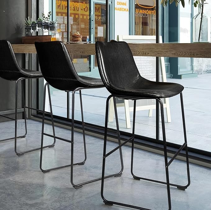 LEMBERI 30 inch Bar Stools Set of 2, Modern Counter Height Bar Stools, Faux Leather Barstool with Back and Metal Leg, Armless Bar Chairs for Kitchen Island (Black, 2pcs 30")