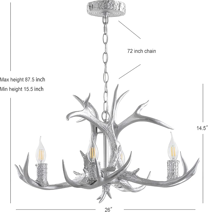 JONATHAN Y 26" Silver Rustic Resin Antler 4-Light LED Chandelier, Farmhouse Faux Deer Horn Hanging Ceiling Light for Dining Room, Kitchen Island, Adjustable Light Fixture (JYL6301C)