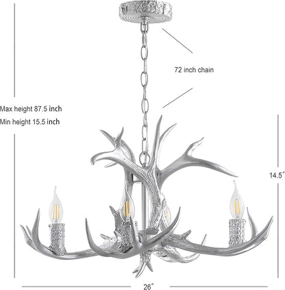 JONATHAN Y 26" Silver Rustic Resin Antler 4-Light LED Chandelier, Farmhouse Faux Deer Horn Hanging Ceiling Light for Dining Room, Kitchen Island, Adjustable Light Fixture (JYL6301C)
