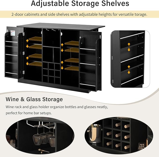 47.2" Kitchen Island with Drop Leaf & Power Outlet, Wine Bar with Bottle Rack & Glass Holder, 2-Door Buffet Sideboard with Side Shelves for Dining Room (Black-85R)