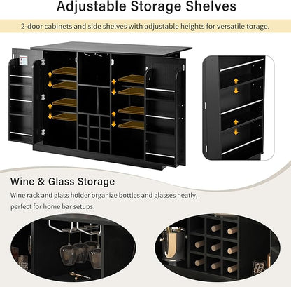 47.2" Kitchen Island with Drop Leaf & Power Outlet, Wine Bar with Bottle Rack & Glass Holder, 2-Door Buffet Sideboard with Side Shelves for Dining Room (Black-85R)