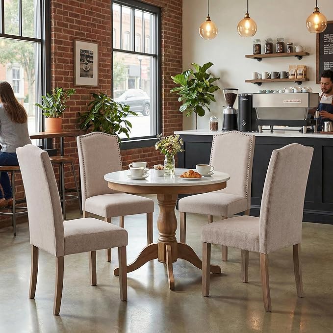 Upholstered Dining Chair Modern Stylish Parsons Kitchen Diner High Back with Silver Nailhead Trim & Wood Legs, Set of 2
