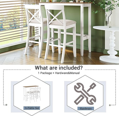 LUMISOL 3 Piece Pub Bar Table and Chairs Set, Solid Wood Counter Height Bar Table Set for 2, High Top Dining Table Set for Kitchen, Breakfast Nook, White + Beige