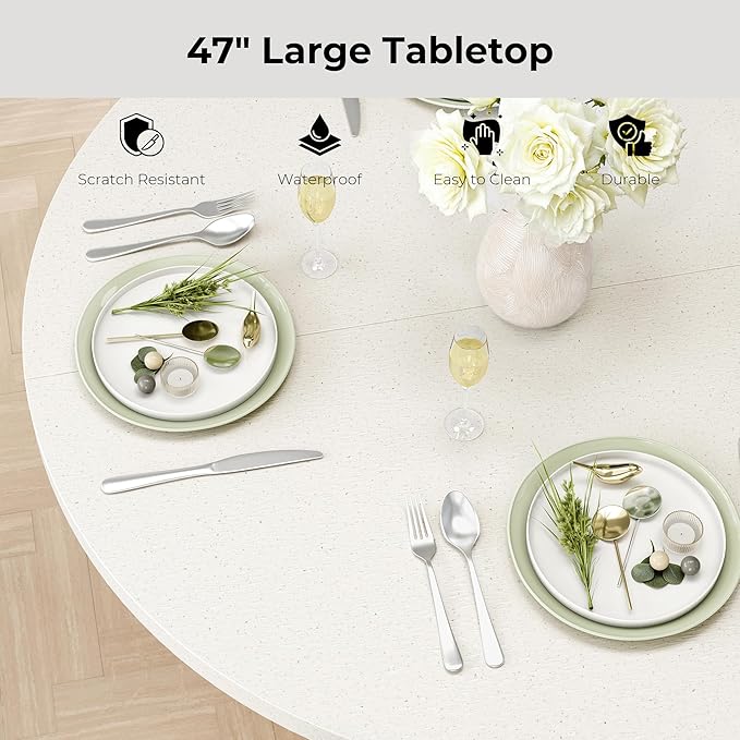 IRONCK 47 Inch Round Dining Table for 4, Modern Farmhouse Kitchen Table with Storage Shelf and Quartz Top, Circle Dinner Table with Wooden Base and Wood Slide Doors for Kitchen Dining Room, Oak