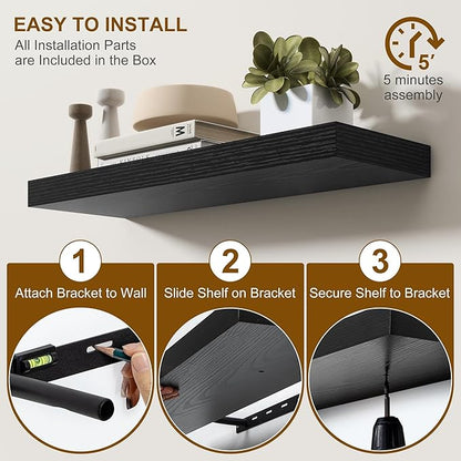 Fun Memories Floating Shelves for Wall, 36Inch Floating Shelves Set of 2, Hanging Shelf with Invisible Brackets, Bathroom Shelves for Living Room, Bedroom, Kitchen- Black