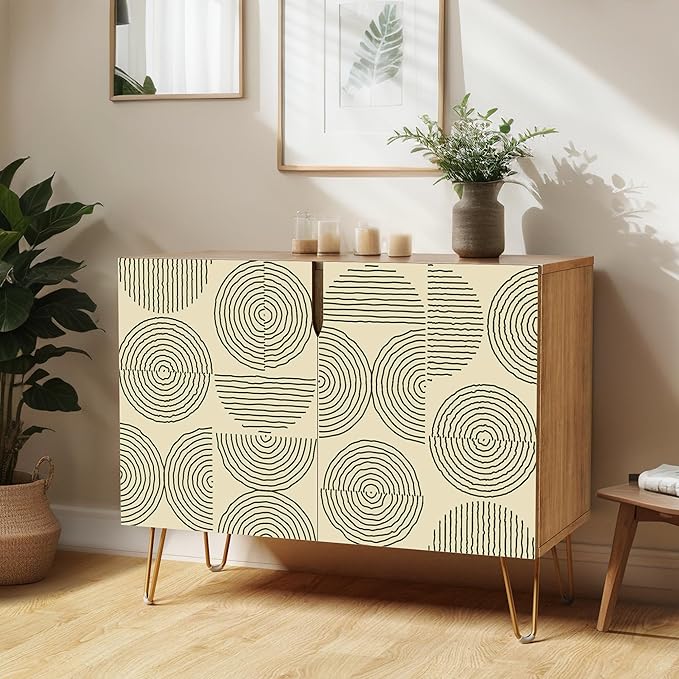 SIGNWIN Sideboard Buffet Cabinet, Kitchen Storage Cabinet with 2 Doors, Black & White Duotone Circle Polygons, Cupboard Console Table for Dining Room - 35" L x 18" W x 29" H
