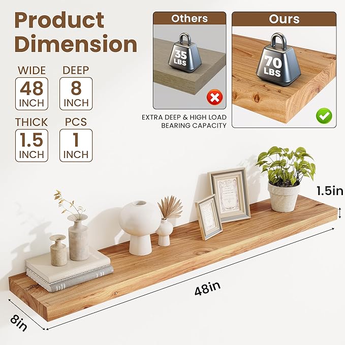 Acovy Extra Deep 48" Long Rustic Solid Wood Floating Shelves for Wall, Wall Shelves with Invisible Bracket for Living Room Bathroom Bedroom Kitchen, Set of 1, Walnut