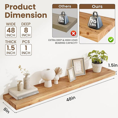 Acovy Extra Deep 48" Long Rustic Solid Wood Floating Shelves for Wall, Wall Shelves with Invisible Bracket for Living Room Bathroom Bedroom Kitchen, Set of 1, Walnut