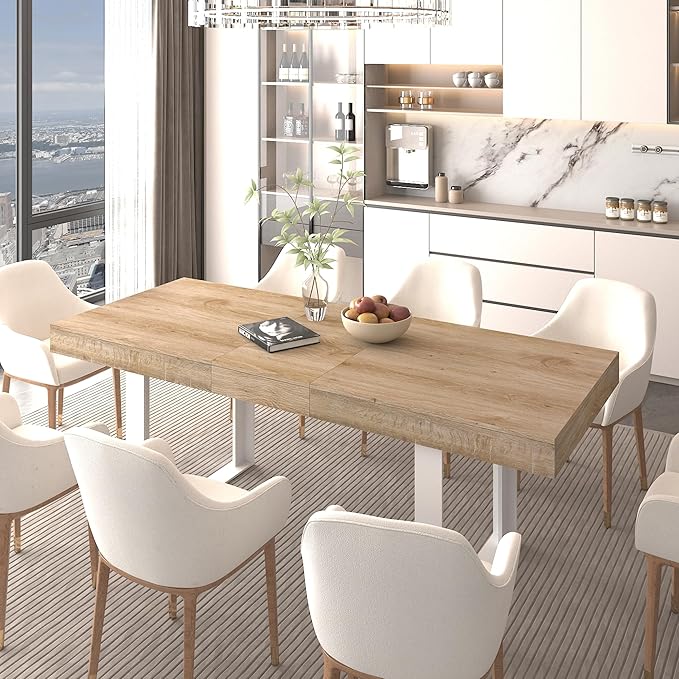 63" - 79" Extendable Dining Room Table, Expandable Kitchen Table for 6 to 10 People, Modern Wood Conference Table, Large Farmhouse Dining Table(White Oak, Double-U Base)