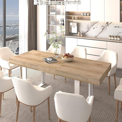 63" - 79" Extendable Dining Room Table, Expandable Kitchen Table for 6 to 10 People, Modern Wood Conference Table, Large Farmhouse Dining Table(White Oak, Double-U Base)