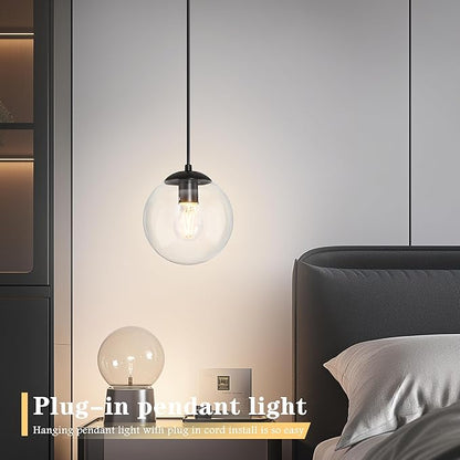 KoKo&Yukina 8" Globe Pendant Light Black Plug in Pendant Light Adjustable Hanging Lights with Plug in Cord Matte Black Finished with Clear Glass Lampshade for Bedroom Kitchen Island（Bulb Included）