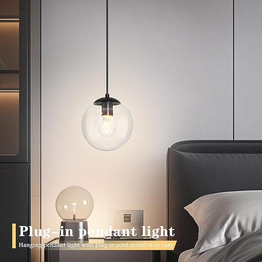KoKo&Yukina 8" Globe Pendant Light Black Plug in Pendant Light Adjustable Hanging Lights with Plug in Cord Matte Black Finished with Clear Glass Lampshade for Bedroom Kitchen Island（Bulb Included）
