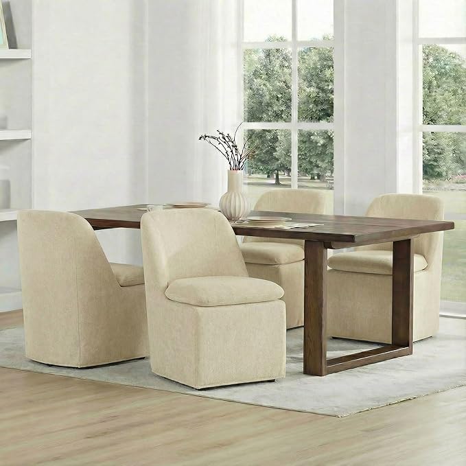 KISLOT Upholstered Dining Chairs Set of 1 with Casters, Modern Side Armless Deskchair with Washable Slipcover & Sturdy Metal Frame for Diningroom Bedroom Livingroom Reading Room, Sand Fabric