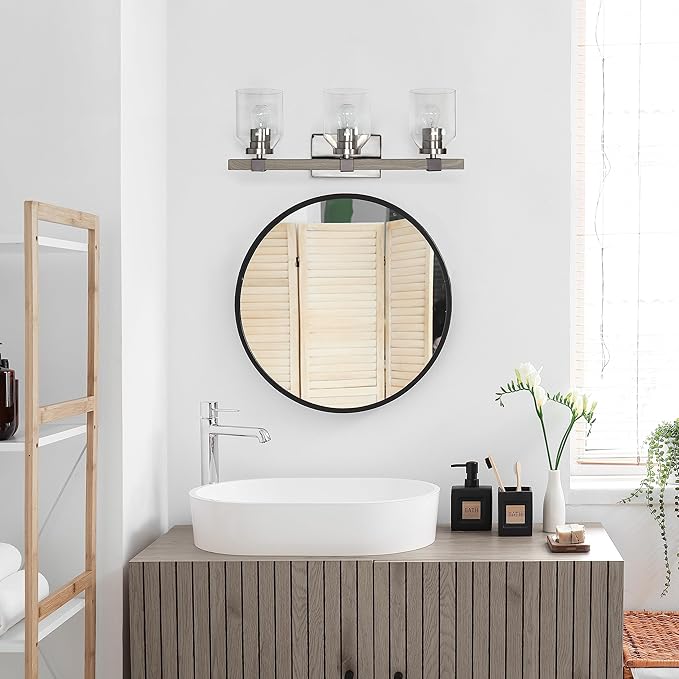 Elegant Designs VT1020-GRY 22" Country Farmhouse Gray and Brushed Nickel Decorative 3 Light Wall Mounted Metal Vanity Fixture with Clear Glass Shades for Bathroom, Entryway, Hallway
