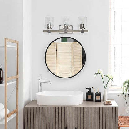 Elegant Designs VT1020-GRY 22" Country Farmhouse Gray and Brushed Nickel Decorative 3 Light Wall Mounted Metal Vanity Fixture with Clear Glass Shades for Bathroom, Entryway, Hallway