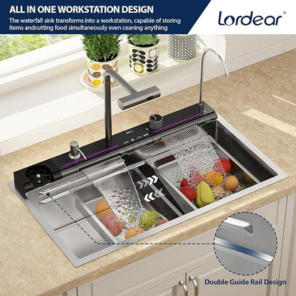 Lordear Drop In Kitchen Sink, 33 inch Waterfall Sink 16 Gauge Stainless Steel, Above Counter Smart Kitchen Sinks, Single Bowl with Integrated Faucet for High-Efficiency Cleaning