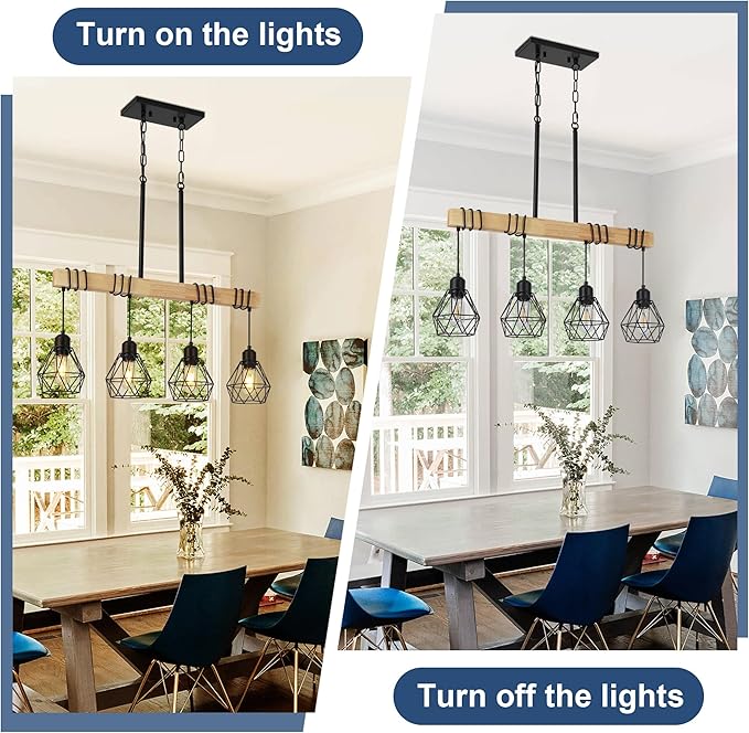30" Farmhouse Kitchen Light Fixture, Black Hanging Kitchen Chandelier, 4-Light Rustic Dining Room Light Adjustable Height with Wood and Metal Frame, Suit for Farmhouse, Industrial Style