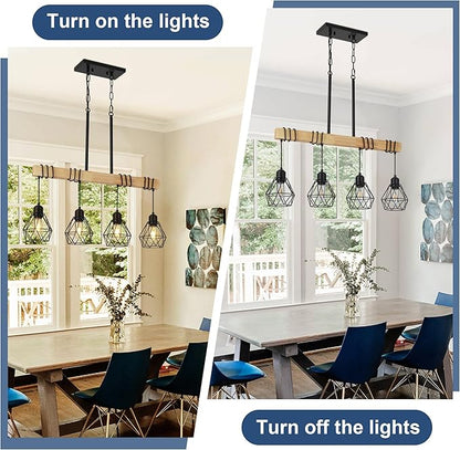 30" Farmhouse Kitchen Light Fixture, Black Hanging Kitchen Chandelier, 4-Light Rustic Dining Room Light Adjustable Height with Wood and Metal Frame, Suit for Farmhouse, Industrial Style
