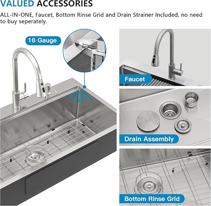 33 Kitchen Sink Drop In - Fulorni 33"x19" Ledge Workstation Top Mount 16 Gauge 304 Stainless Steel Over Mount Single Bowl Sink Basin with Faucet, Soap Dispenser
