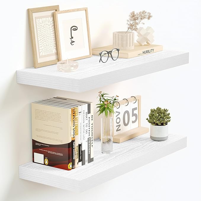 Vivelove White Floating Shelves, 16 Inch Wall Display Shelves for Bathroom Living Room Kitchen Bedroom Office Farmhouse Home Decor, 16" X 9.3" X 1.5" - Set of 2, White