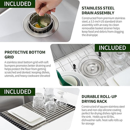 22-Inch Undermount Kitchen Sink, SINKVINE 22" x 18" Stainless Steel Bar Sink Single Bowl Outdoor, Handmade Laundry Basin with 3.5-inch Drain Strainer, Bottom Grid Protector, and Roll-up Drying Unit