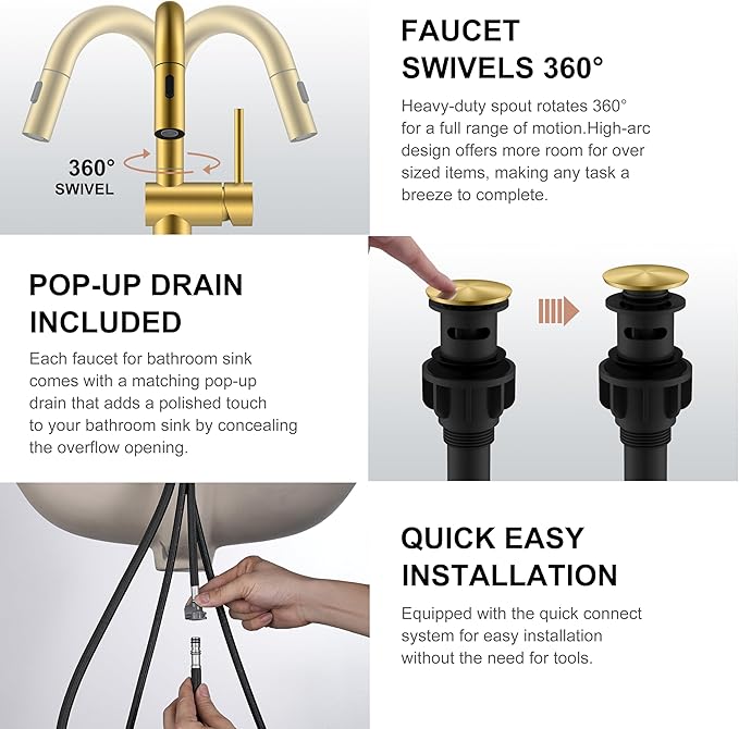 KENES Brushed Gold Tall Bathroom Faucets with Pull Down Sprayer, High Vessel Sink Faucet with Pull Out Sprayer, Single Handle Vanity Faucet 1 Hole with Pop Up Drain & Supply Lines, LJ-9065A-4