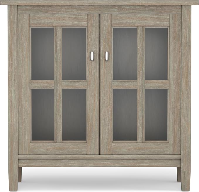 SIMPLIHOME Warm Shaker Storage Cabinet - 32 inch Wide Solid Wood 2-Shelf Low Storage Cabinet in Distressed Grey, Transitional Accent Cabinet for Entryway with Tempered Glass Doors and Shelves