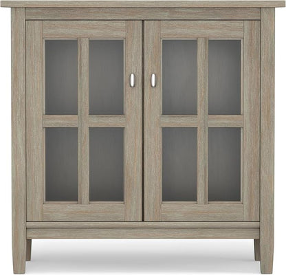 SIMPLIHOME Warm Shaker Storage Cabinet - 32 inch Wide Solid Wood 2-Shelf Low Storage Cabinet in Distressed Grey, Transitional Accent Cabinet for Entryway with Tempered Glass Doors and Shelves