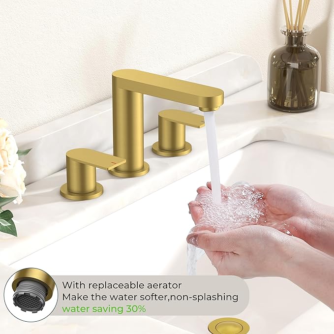 FORIOUS Brushed Gold Bathroom Faucets 3 Hole, 8 Inch Widespread Bathroom Sink Faucet with Pop-up Drain and cUPC Supply Lines for Basin, Vanity, Laundry Room, Restroom and RV
