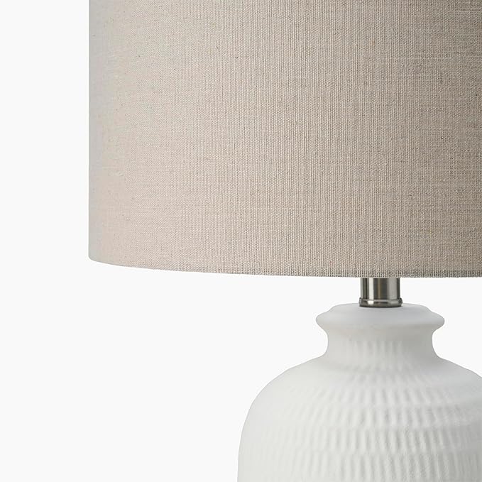 Nourison Home 24" White Textured Ceramic Modern Farmhouse Table Lamp with Beige Shade for Bedside Table, Living Room, Dining, Entryway