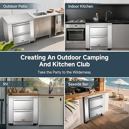 BODEGA Stainless Steel Commercial Restaurant Sinks Cabinet and Outdoor Kitchen Cabinet for Refrigerator Combo, Freestanding Utility Sink with Brake-Wheels & Spice-Rack, for Home, Kitchen, RV.