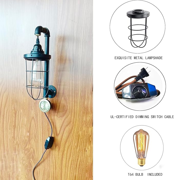 Steampunk Retro Industrial Wall Sconce, Dimmable Wall Mounted Plug in Light, Black Metal Cage Light Fixture with Clock, Vintage Style Sconce for Home, Office, Bedroom Bedside Lighting