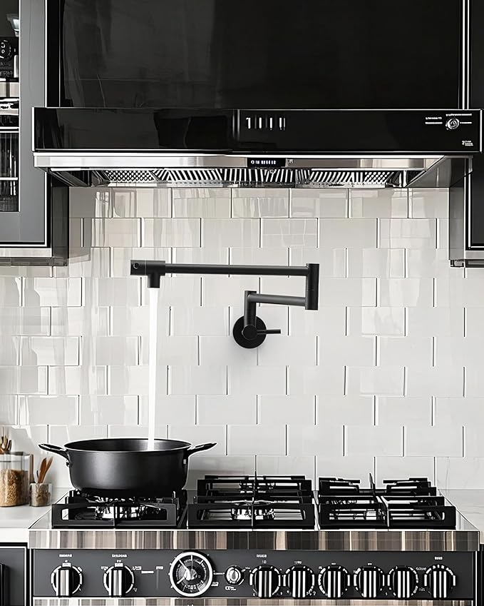 Fransiton Matte Black Pot Filler, Pot Filler Faucet Wall Mount, Brass Folding Stretchable with Double Joint Swing Arm Single Hole Two Handles Kitchen Restaurant