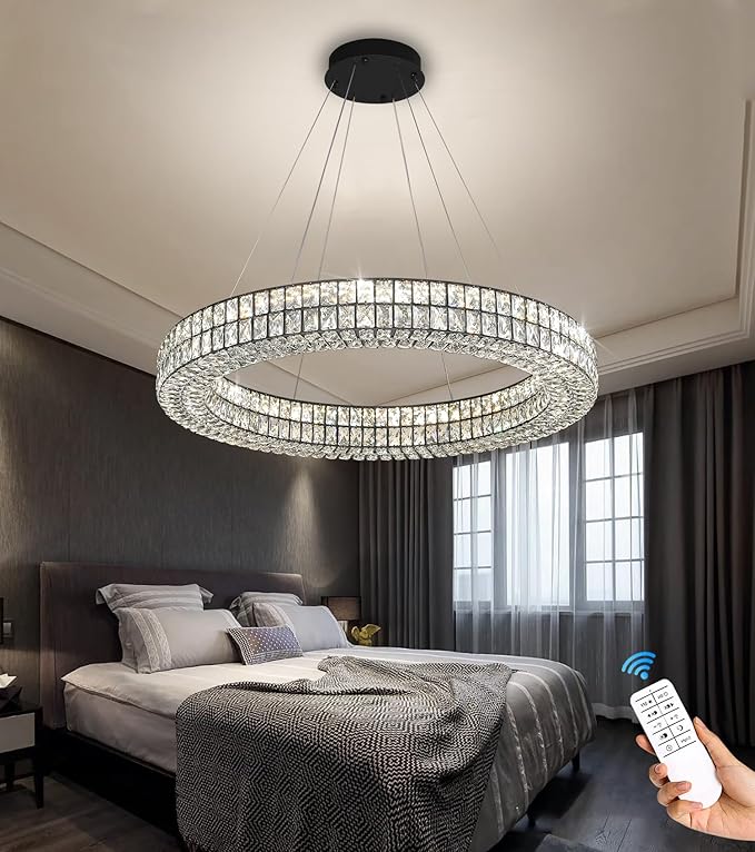 Large Ring Chandelier 47.5 inch Black Modern Crystal Chandelier Lighting High Ceiling Foyer Chandeliers for Living Room Dining Room Staircase Led Dimmable 2700k-6000k